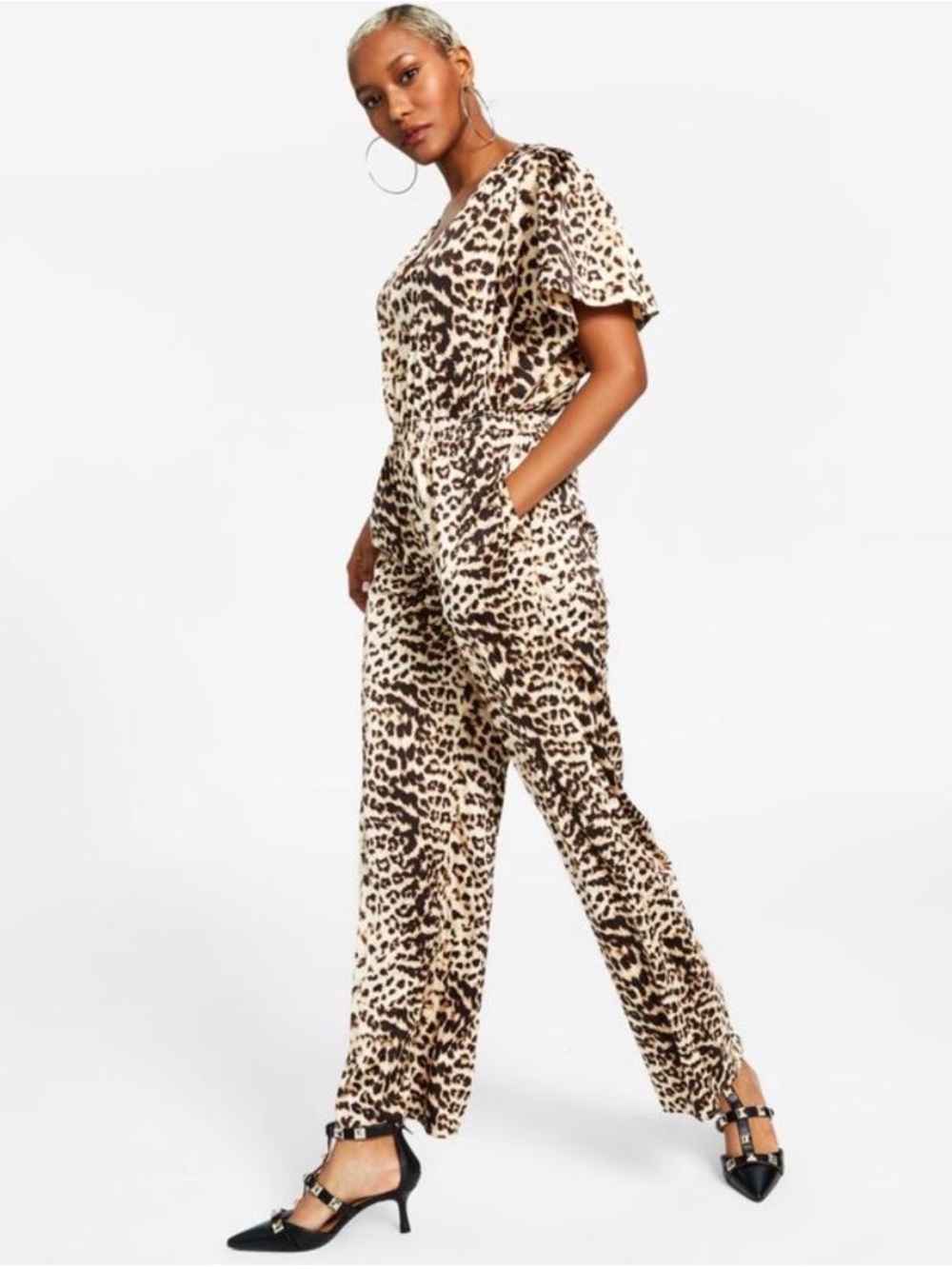 INC International Concepts Leopard-Print Wide-Leg Jumpsuit in Beige and Black